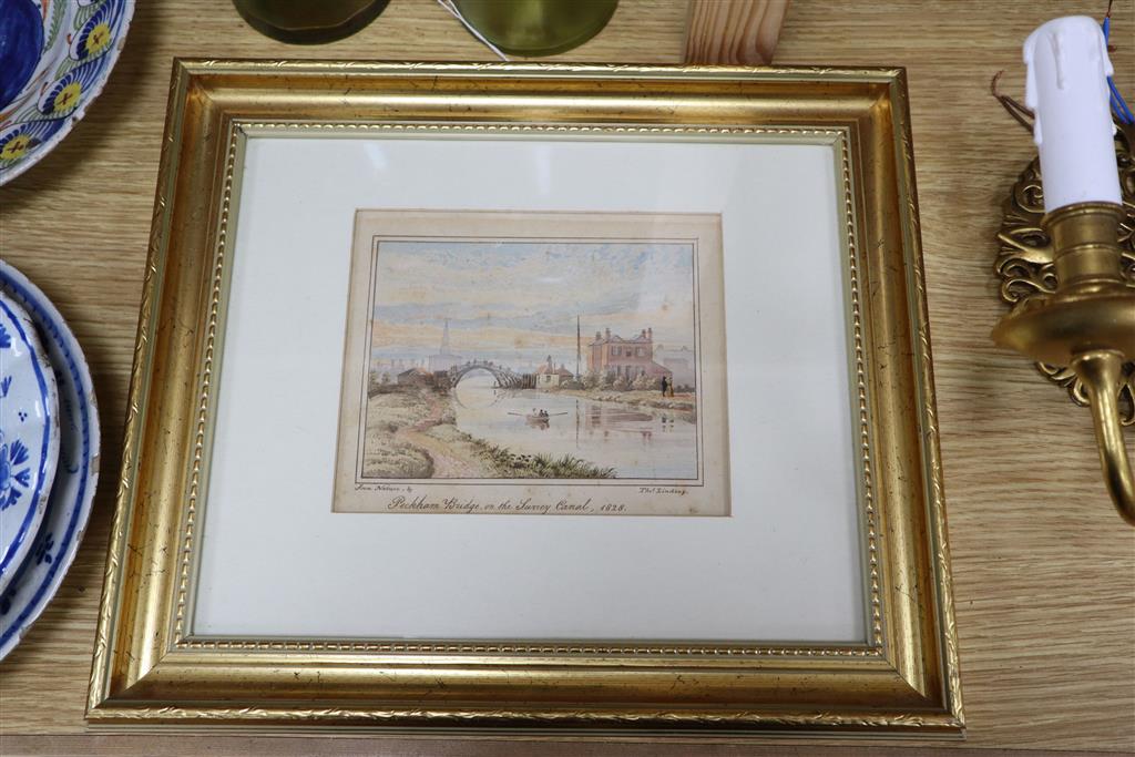 Thomas Lindsay (1793-1861), watercolour, Peckham Bridge on the Surrey canal 1828, signed, 12 x 15cm
